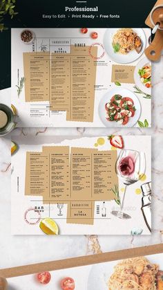 the menu is laid out and ready to be eaten with wine glasses, plates and utensils