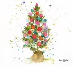 a watercolor painting of a small christmas tree