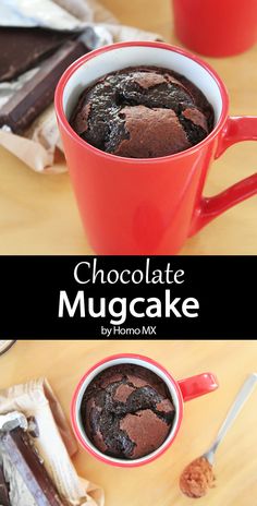 chocolate mug cake in a red cup on a wooden table