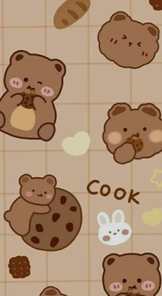 some brown teddy bears and cookies on a tile wall with the words cook above them