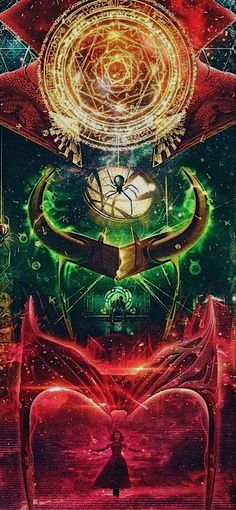 the poster for doctor strange is shown in red and green colors, with an image of a