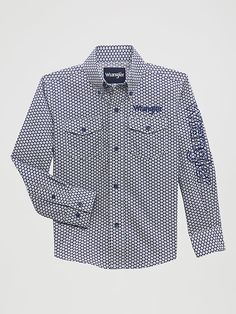 LONG LIVE LITTLE COWBOYS. This long sleeve shirt features Western snaps and yokes and two flap snap pockets. Logo embroidery appears across the back yoke and down the sleeves. Wrangler Shirt, Little Cowboy, Wrangler Shirts, Long Live, Logo Embroidery, Embroidery Logo, Honeycomb, Long Sleeve Shirt, Sleeve Shirt