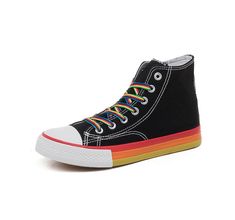 Looking for a shoe that combines style and support for the LGBT community? Look no further than our Rainbow Bottom LGBT Pride Shoe, designed with vibrant rainbow accents and embroidered details to help you express your pride and show your support. Our Rainbow Bottom LGBT Pride Shoe is the perfect choice for anyone who wants to make a statement while staying comfortable and supported. Whether you're walking in a parade, attending a festival, or just out and about, our shoes are perfect for any oc Women High Top Sneakers, Pride Shoes, Rainbow Laces, Rainbow Canvas, Rainbow Flag Pride, Shoes Stand, Rainbow Flag, Lgbt Pride, Casual Shoes Women