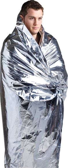 a man wrapped in aluminum foil is posing for the camera while wearing a jacket with an attached hood