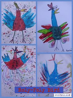 four pictures of colorful birds in different stages of drawing and painting with watercolors