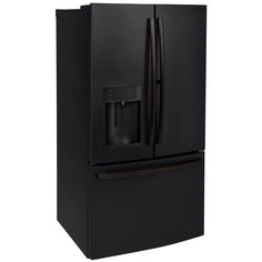 a black refrigerator with the door open and water dispenser on it's side