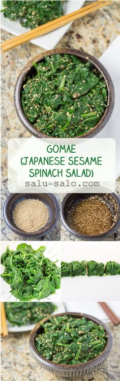 spinach salad with sesame seeds and seasoning in a bowl on a counter top