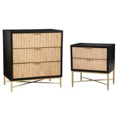 two black and gold side tables with bamboo drawers