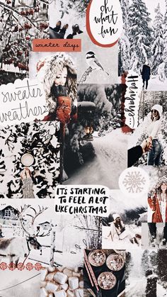 a collage of photos with words and pictures on them that include people, snowflakes, trees, and other things