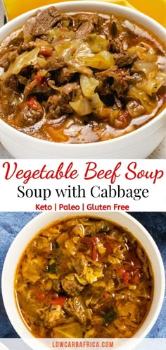 vegetable beef soup with cabbage in a white bowl