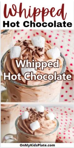 whipped hot chocolate in a glass mug with marshmallows on top