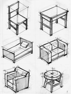 sketches of living room furniture and coffee table in various stages of development, from top to bottom