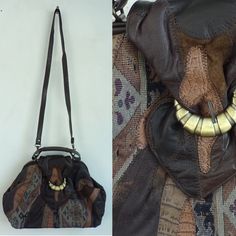 >Handbag Is As New, Never Used, New Old Stock > Shades Of Brown Patchwork Patterned Purse, > Leather And Cloth >Short Handle And Long Handle To Carry Purse Over Shoulder >Snap Close With Fold Over Strap On Front >Gold Bronze Metal Detail On Front >Small Zip Close Pocket On The Inside Condition > New, Never Used Materials > Faux Leather, Cloth Width >15 Inches / 38cm Height > 10inches / 25cm Handle Drop > Small Handle - 2inches/ 5cm Long Handle - 21in / 53cm Everyday Brown Patchwork Shoulder Bag, Brown Rectangular Hobo Bag With Patchwork, Vintage Brown Patchwork Shoulder Bag, Brown Patchwork Hobo Bag, Brown Patchwork Hobo Bag For Daily Use, Bohemian Brown Bag With Detachable Handle, Brown Bohemian Satchel With Handles, Bohemian Brown Satchel With Handles, Patchwork Purse