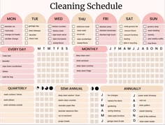 the cleaning schedule is shown in pink and white