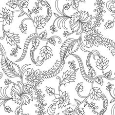 a black and white floral pattern with leaves, flowers and swirls on the side