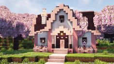 Sakura Builds Minecraft, Minecraft Sakura House Interior, Cute Mc Houses Pink, Cherry Blossom Mc House, Cherry Blossom House Minecraft 1.20, Minecraft Skins Aesthetic, Minecraft Houses Blueprints