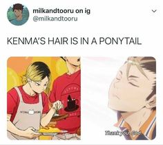 an image of a person with food in front of him and the caption reads, kenma's hair is in a pony tail