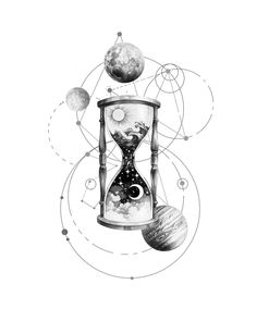 an hourglass with planets in the background and stars around it, on top of a white