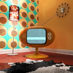 an old fashioned television sitting in the corner of a room with a lamp on it