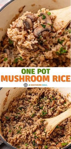 one pot mushroom rice in a skillet with a wooden spoon