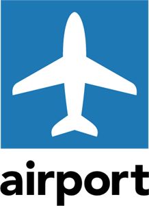 the airport logo is shown in blue and white