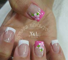 Uñas flores. Bling Easter Nails, Spring French Manicure, Wild Flower Nails, Colored French Nails, French Manicure Nail Designs, Unghie Sfumate, Fingernail Designs, Her Nails, Ideas Nails