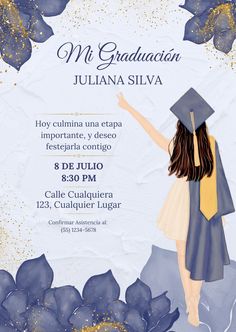 a blue and white graduation card with a girl in a cap and gown holding her hand up