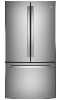 a stainless steel refrigerator freezer with two doors and no ice maker on the bottom