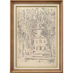 a drawing of a church surrounded by trees