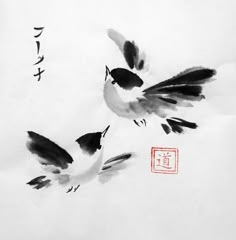 two birds flying in the air with chinese writing on it's back and one bird is black and white