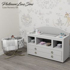 a baby's nursery room with a crib, dresser and changing table in it