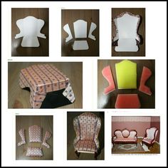 several different types of chairs and couches are shown in this collage, including one for the dollhouse