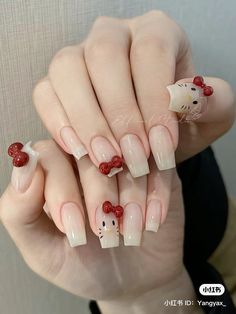 ID：Yangyax_ on Xiaohongshu Uñas Hello Kitty, Xiaohongshu Nails, Nails Hello Kitty, Hello Kitty Nail, Uñas Aesthetic, Kpop Nails, Kitty Nail, Kitty Nails, Asian Nails