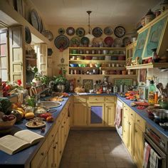 a kitchen filled with lots of different types of dishes on the wall and counter tops