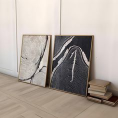 two framed art pieces sitting next to each other on a wooden floor in front of a white wall