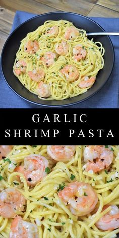 garlic shrimp pasta in a skillet and on a plate