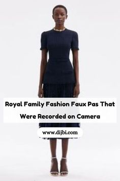 a woman standing in front of a white background with the words royal family fashion fauxs that were recorded on camera