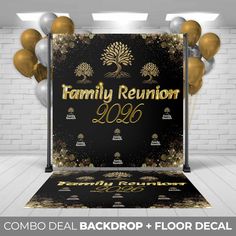 a black and gold backdrop with balloons in the background for a family reunion party or celebration