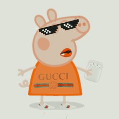 a cartoon pig with sunglasses and an orange dress holding a cell phone in his hand