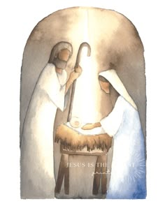 a painting of two people standing next to a baby jesus in a manger scene