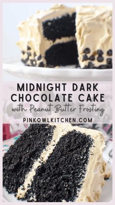 a slice of midnight dark chocolate cake with peanut butter frosting