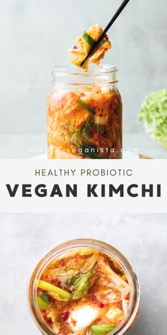 the healthy probiotic vegan kimchi in a glass jar with chopsticks