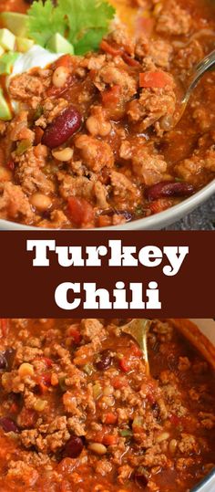 turkey chili in a white bowl with a spoon