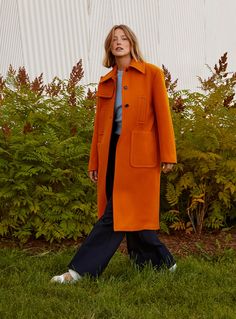 Orange Wool Coat, Tasman Slippers Outfits, Baby Blue Sweater, Slippers Outfit, Celebrity Inspired Outfits, Ladies Coat Design