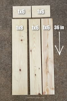 three pieces of wood sitting on top of each other with measurements for the length and width