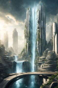 an artist's rendering of a futuristic city with waterfalls