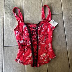 Vtg Bustier Red Top. Nwt. Gorgeous Cherry Blossom And Poppy Design. Made In Canada. Purchased From Nordstrom. Very Sexy And Sheer Bin 12 Red Party Corset With Built-in Bra, Red Corset With Built-in Bra For Night Out, Red Summer Corset With Built-in Bra, Red Sleeveless Corset With Built-in Bra, Red Corset With Built-in Bra, Vintage Summer Festival Corset, Red Fitted Corset With Built-in Bra, Fitted Red Corset With Built-in Bra, Summer Red Corset With Straps