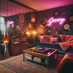 a living room filled with furniture and lots of lights on the wall next to a window