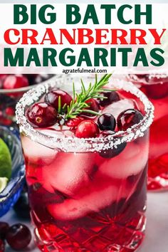 cranberry margaritas with lime and rosemary garnish