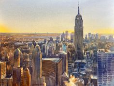 a painting of a cityscape with tall buildings and skyscrapers in the background